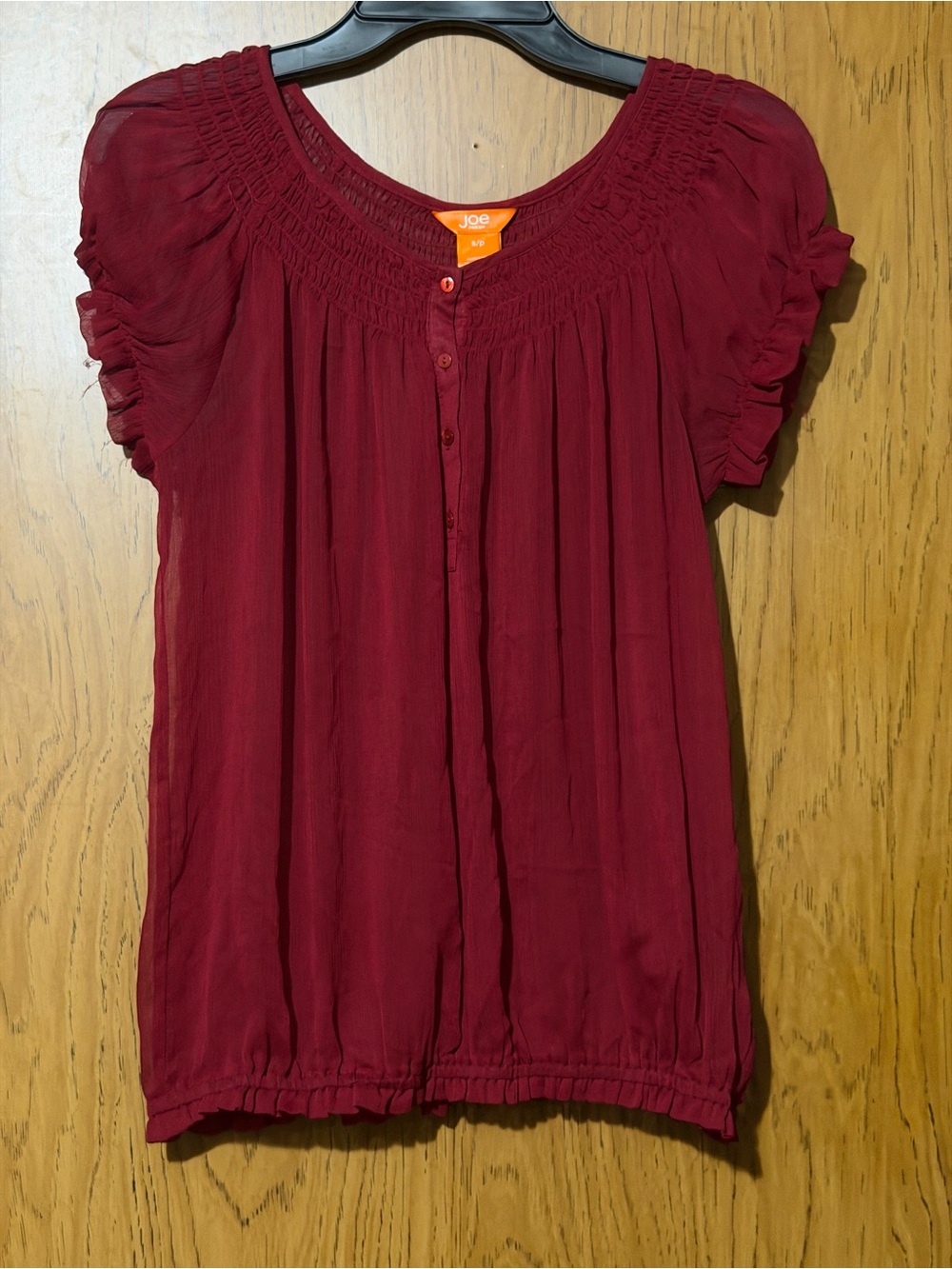 Joe Fresh Deep Red Short-Sleeve Smocked Peasant Blouse